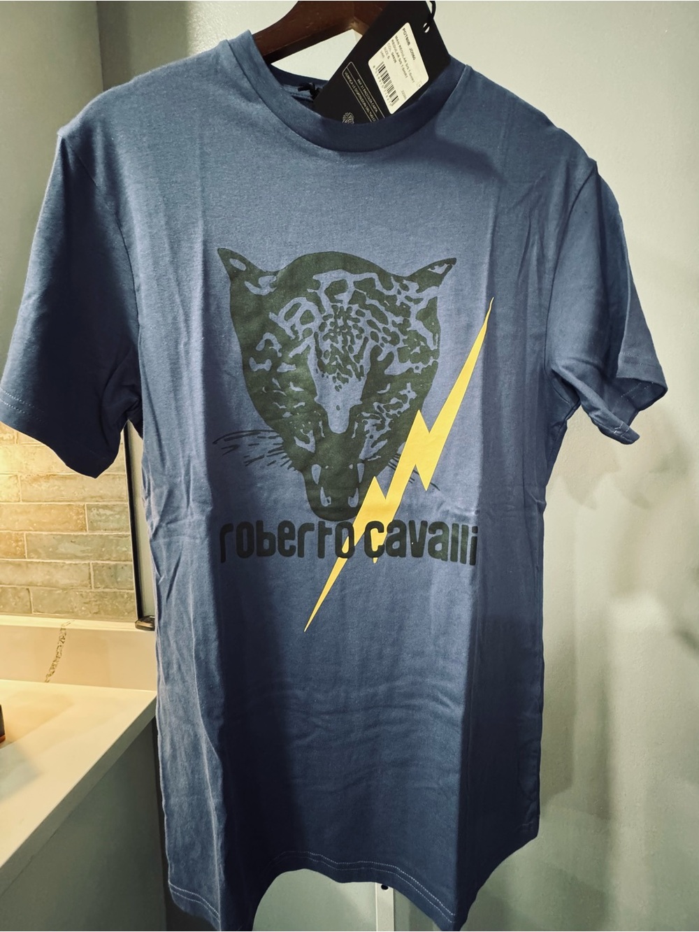Roberto Cavalli Panther Graphic Tee Blue Men’s Small NWT